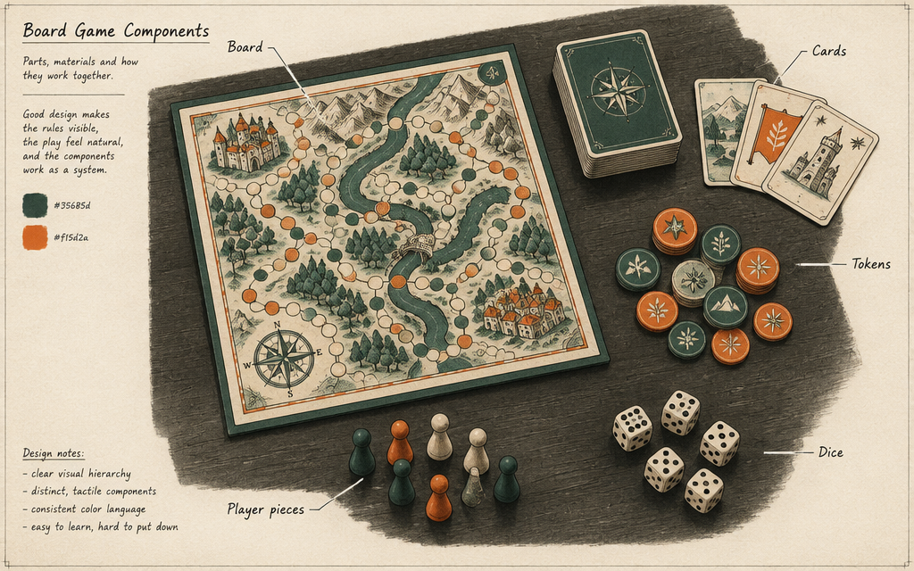A board game laid out with labeled parts: board, cards, tokens, dice, and player pieces