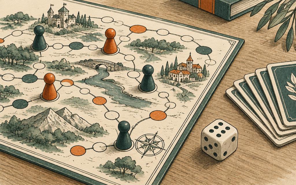A board game mid-play: pawns on a path, a rolled die, and a stack of cards waiting to be drawn