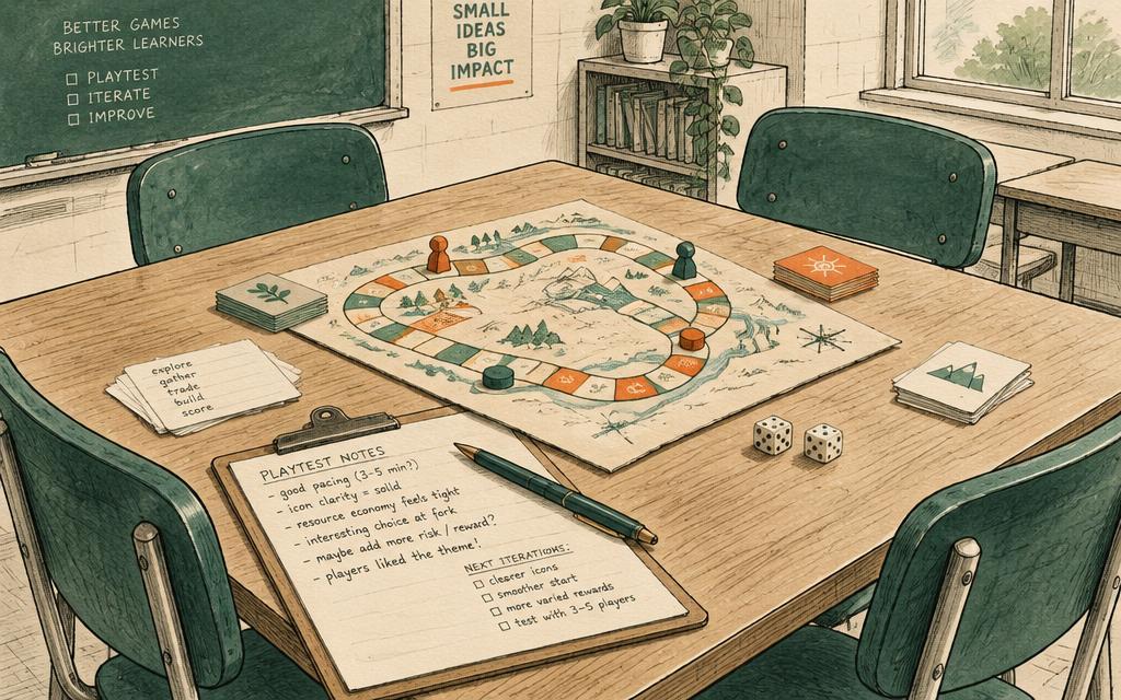 A table set up for a playtest: a homemade paper board game, notes on a clipboard, cards, and empty chairs