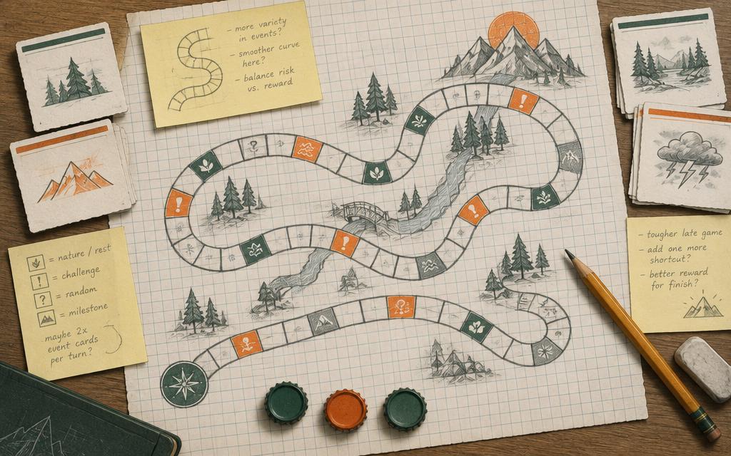 A hand-drawn paper prototype with a pencil path, index cards, sticky notes, and bottle-cap tokens