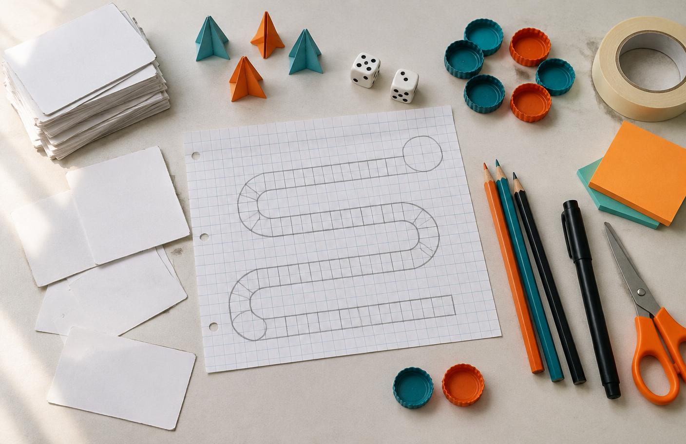 Paper, blank cards, dice, pencils, tape, bottle-cap counters and a hand-drawn path laid out for a rough board-game prototype